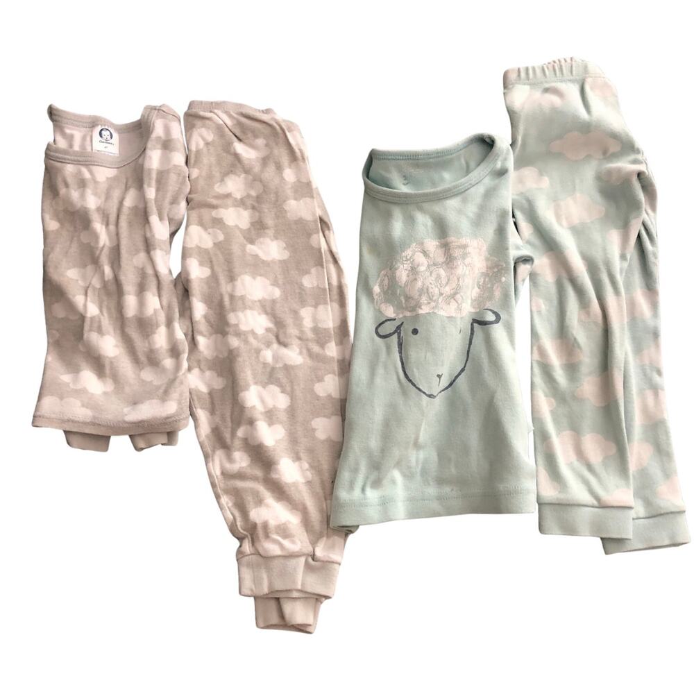 Cloud print toddler pajamas gray and white and mint blue and white with sheep